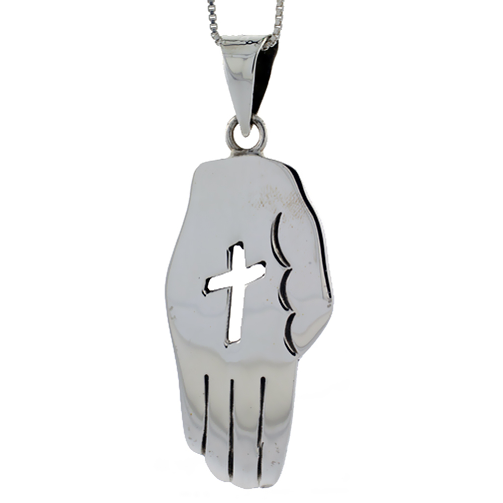 STERLING SILVER HAND PENDANT HANDMADE, WITH CUT-OUT CROSS 1 3/4 INCH