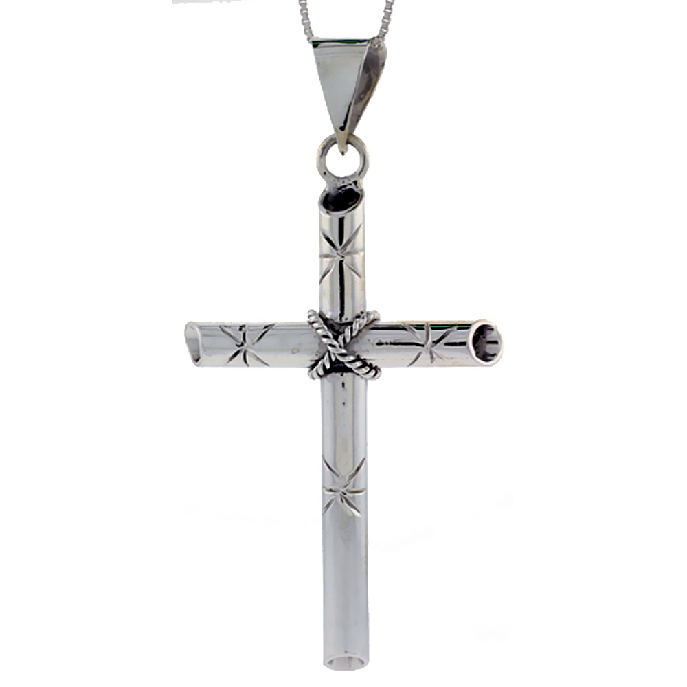 STERLING SILVER ROPE CROSS PENDANT LARGE HANDMADE 2 1/2 INCH TALL
