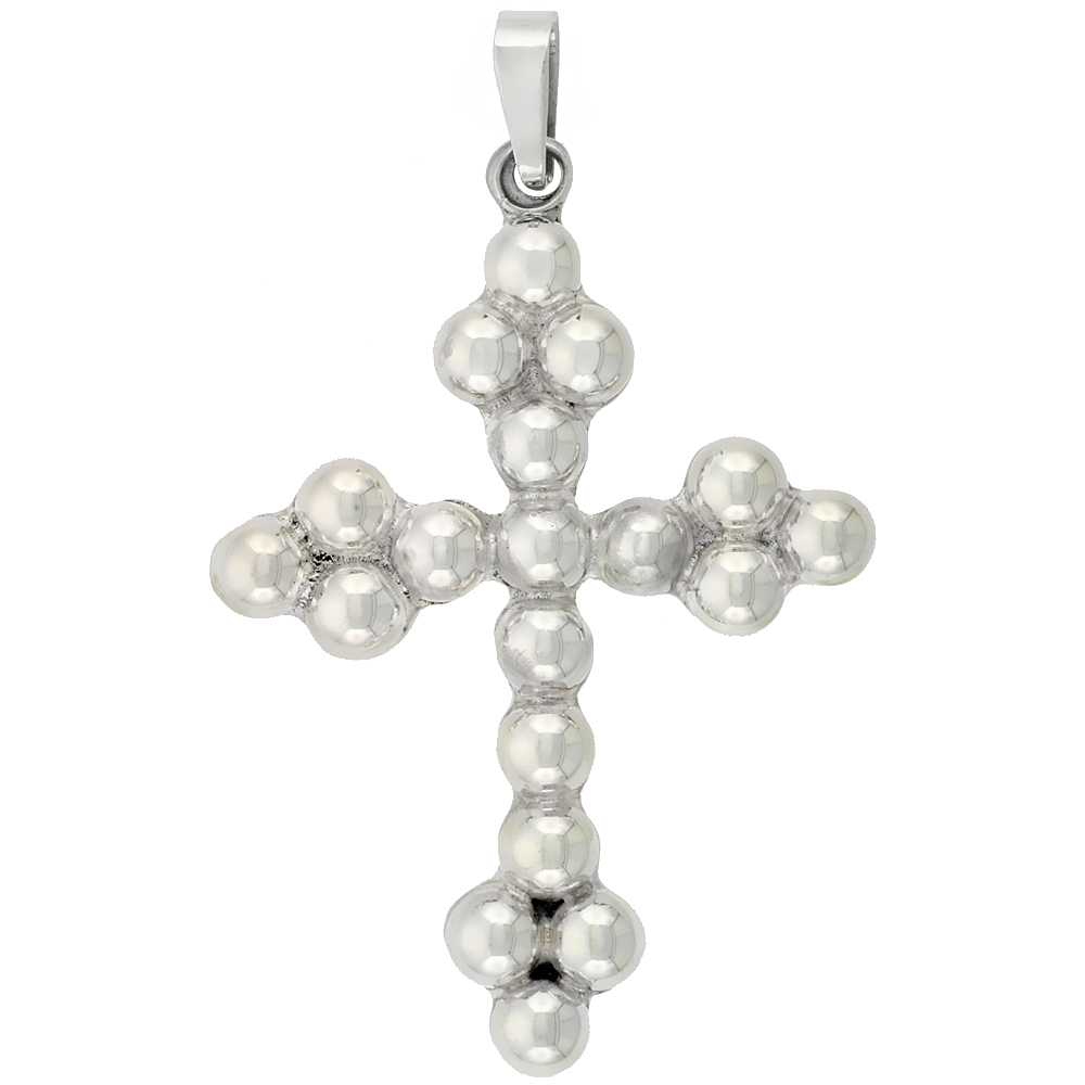 STERLING SILVER LARGE BEADED CROSS PENDANT HANDMADE, 2 1/2 INCH