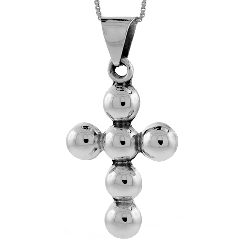 STERLING SILVER BEADED CROSS PENDANT HANDMADE, 1 5/8 INCH