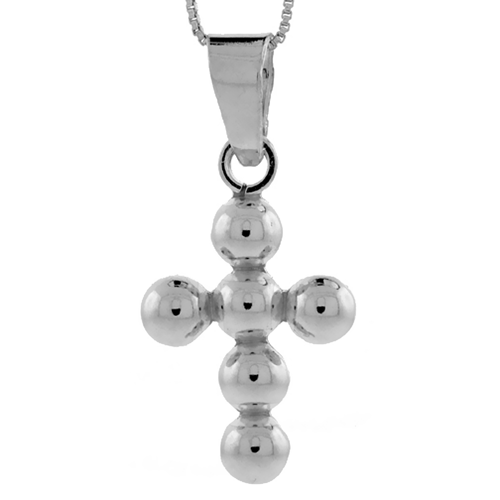 STERLING SILVER BEADED CROSS PENDANT HANDMADE, 1 1/4 INCH