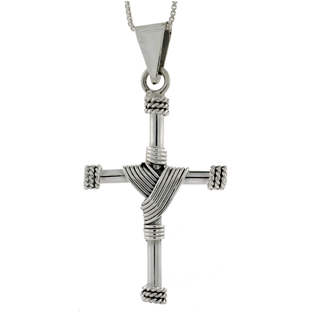 STERLING SILVER ROPE CROSS PENDANT HANDMADE, 1 3/4 INCH