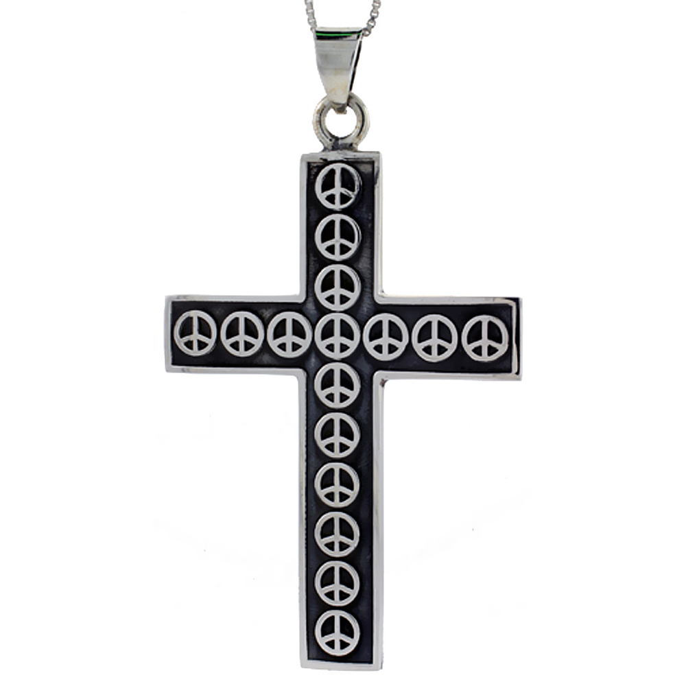 STERLING SILVER LARGE PEACE SIGN CROSS PENDANT HANDMADE, 2 1/2 INCH