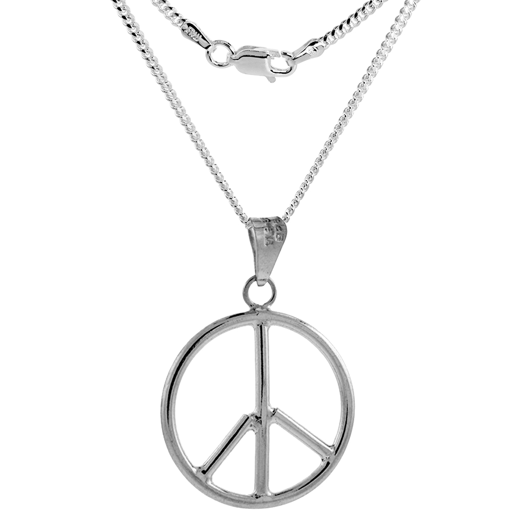 1 1/2 INCH STERLING SILVER LARGE PEACE SIGN NECKLACE HANDMADE 39MM ROUND WITH 2MM CUBAN LINK CHAIN