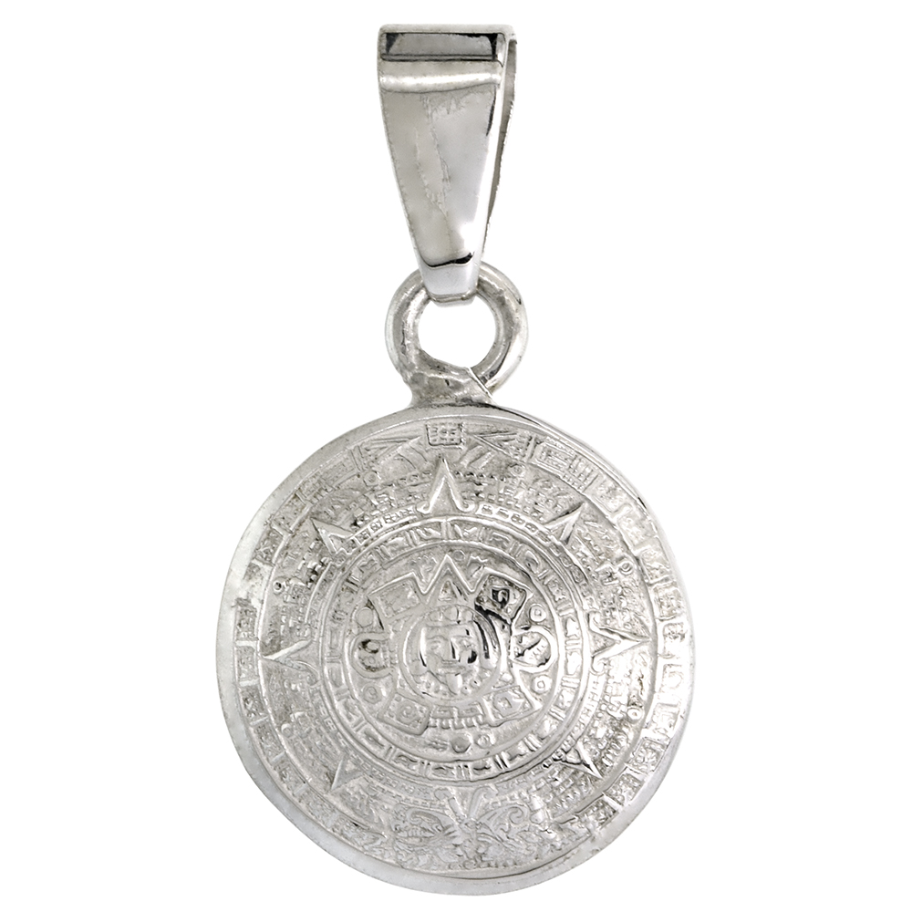 STERLING SILVER DOUBLE SIDED AZTEC CALENDAR PENDANT HANDMADE, 3/4 INCH (20 MM)
