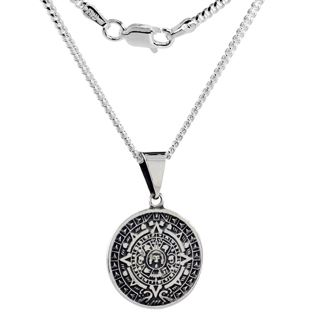1 INCH STERLING SILVER AZTEC CALENDAR NECKLACE HANDMADE 25MM ROUND WITH 2MM CUBAN LINK CHAIN