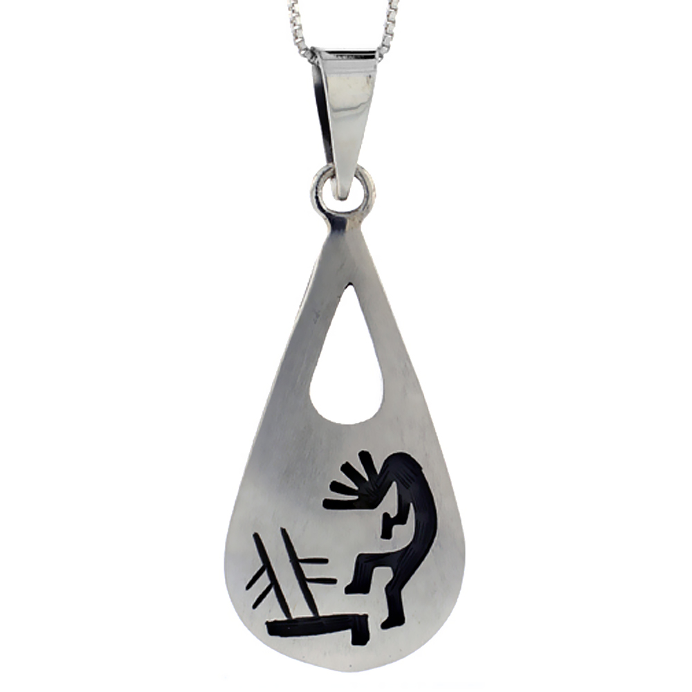 STERLING SILVER TEAR DROP KOKOPELLI PENDANT HANDMADE, (41X22 MM)