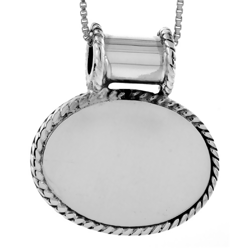 STERLING SILVER OVAL DISC PENDANT ENGRAVABLE ROPE EDGE HANDMADE, 13/16 INCH LONG