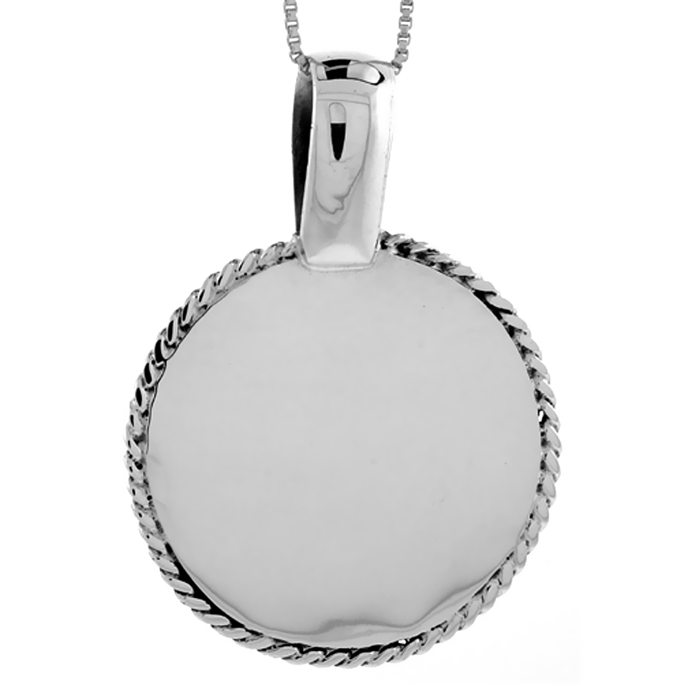 STERLING SILVER ROUND DISC PENDANT ENGRAVABLE ROPE EDGE HANDMADE, 1 1/4 INCH LONG