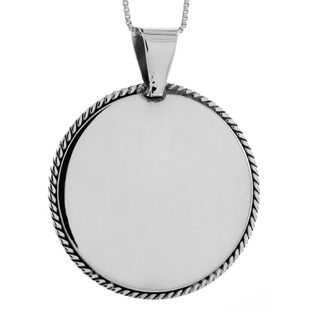 STERLING SILVER ROUND DISC PENDANT ENGRAVABLE ROPE EDGE HANDMADE, 1/1/2 INCH LONG