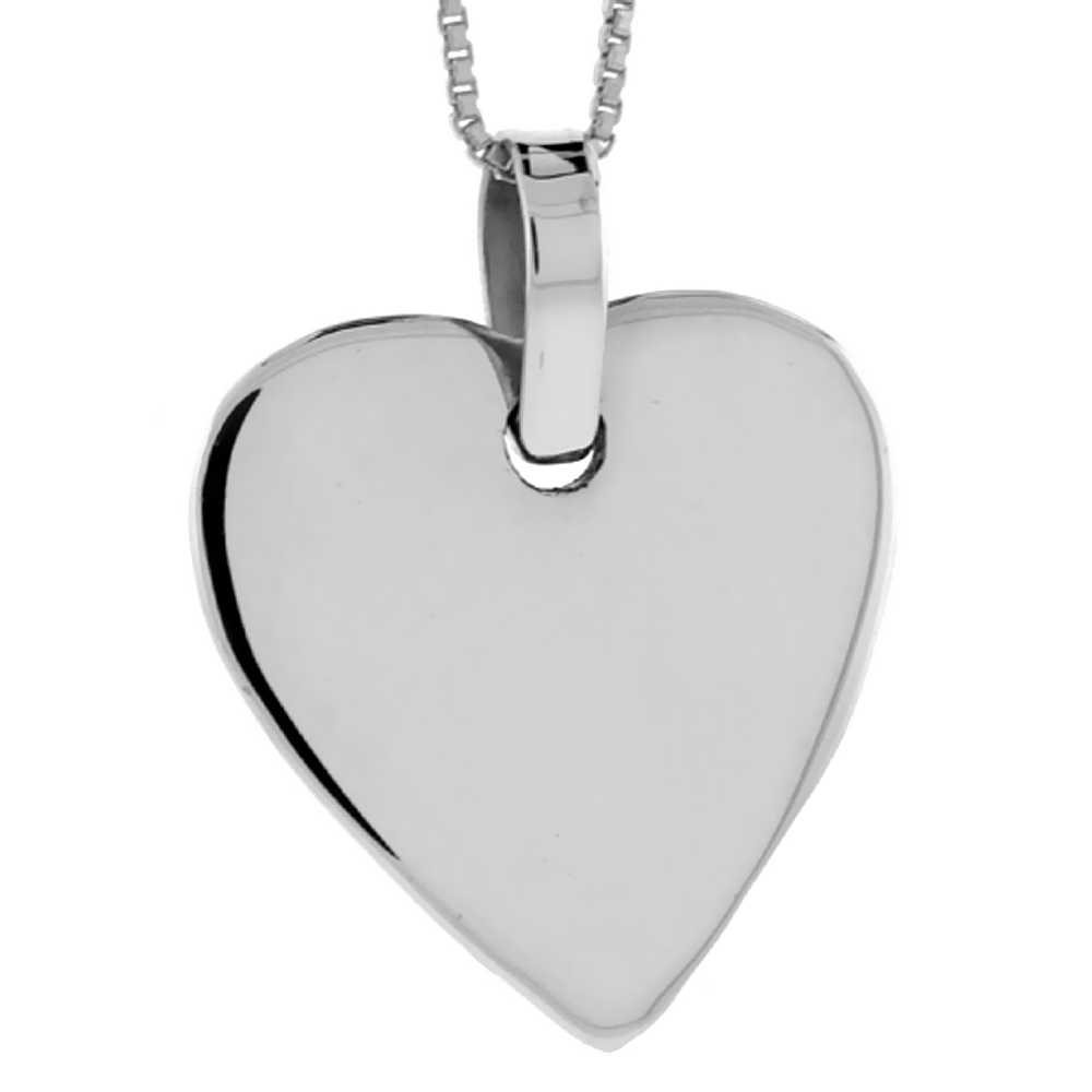 STERLING SILVER HEART SHAPED DISC PENDANT ENGRAVABLE HANDMADE, 1 INCH LONG
