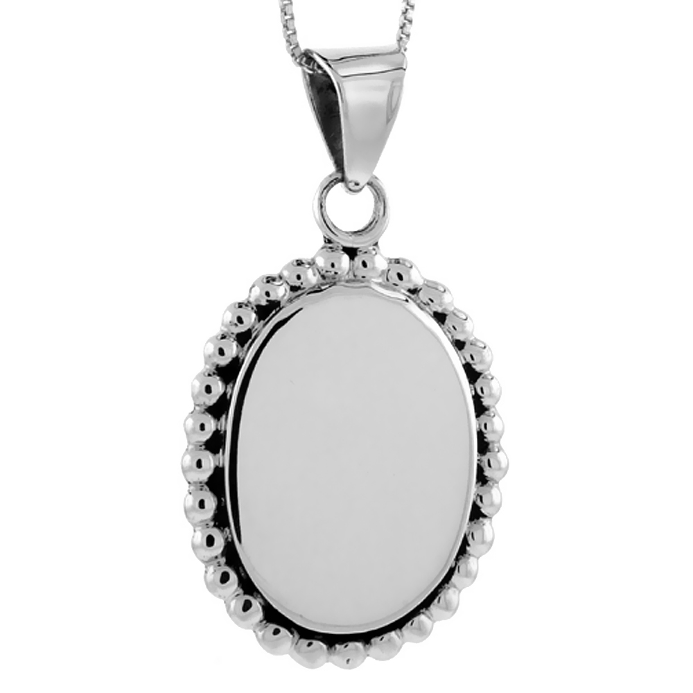 STERLING SILVER BEADED OVAL DISC PENDANT ENGRAVABLE ROPE EDGE HANDMADE, 1 5/16 INCH LONG