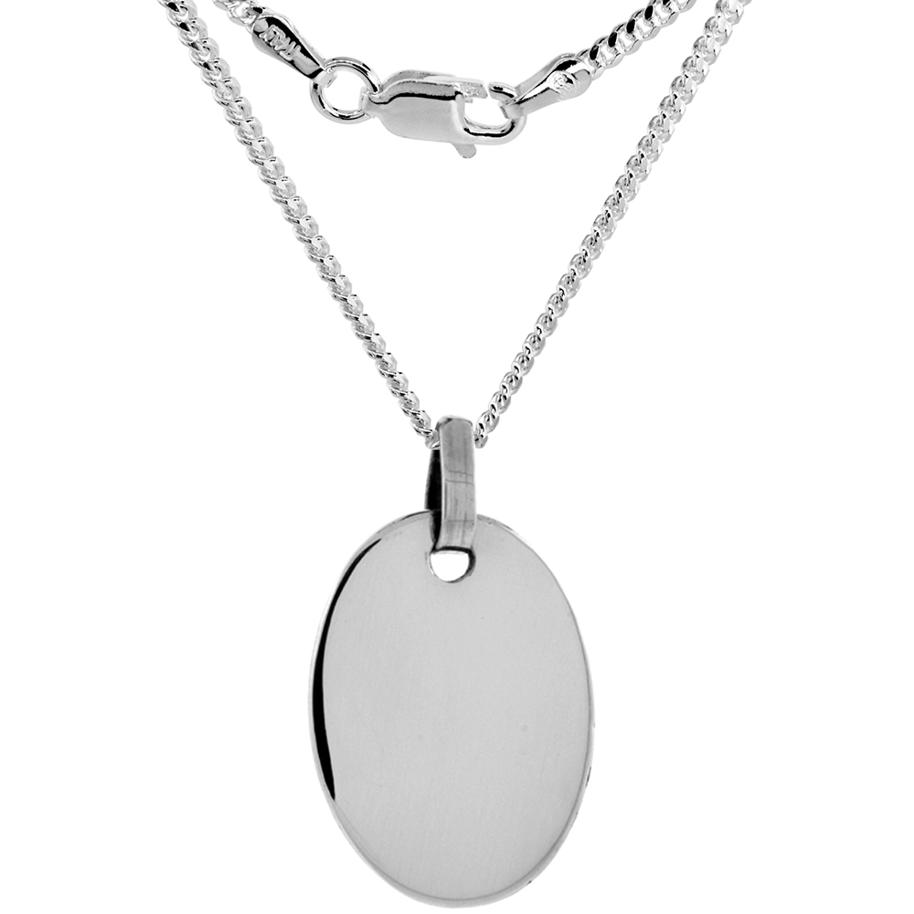 1 1/8 INCH STERLING SILVER ENGRAVEABLE DISC NECKLACE HANDMADE 29MM OVAL WITH 2MM CUBAN LINK CHAIN