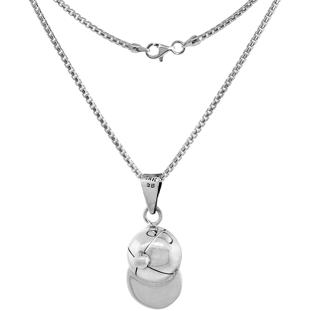 STERLING SILVER BASEBALL CAP NECKLACE 1 3/8 INCH TALL HIGH POLISHED HANDMADE 2MM ROUND BOX