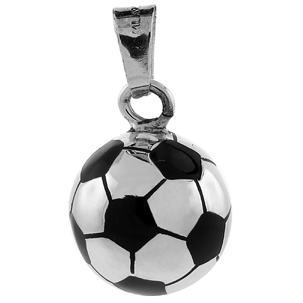 STERLING SILVER SOCCER BALL PENDANT HANDMADE BLACK ENAMELED 3/4 INCH ROUND