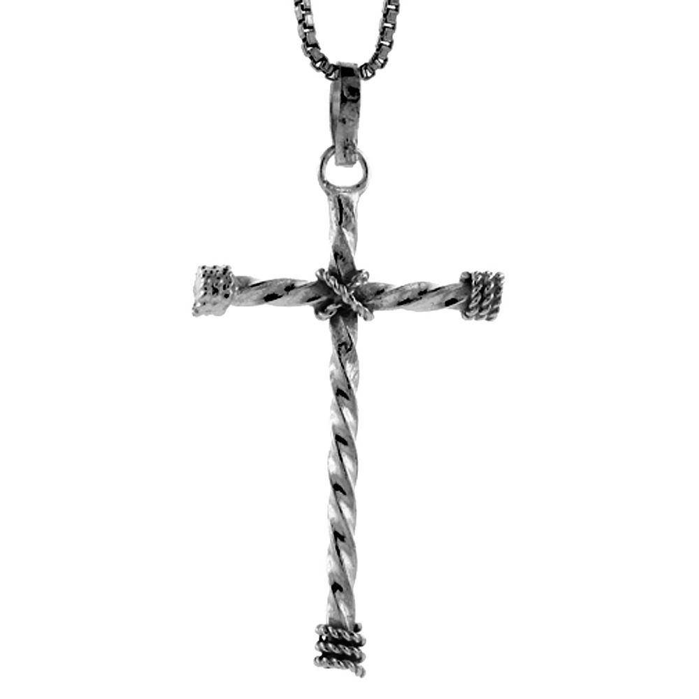 STERLING SILVER ROPE CROSS PENDANT HANDMADE, 1 1/4 INCH LONG