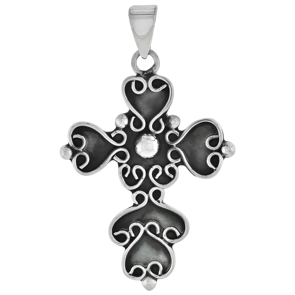 LARGE 2 1/4 INCH STERLING SILVER HEART SCROLL PECTORAL CROSS PENDANT FOR WOMEN AND MEN HANDMADE NO CHAIN