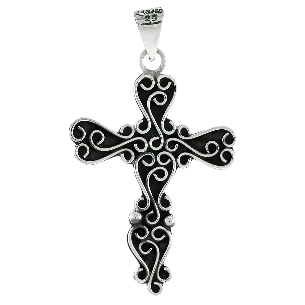 Large 2 1/4 inch Sterling Silver S Scroll Pectoral Cross Pendant for Women and Men Handmade No Chain