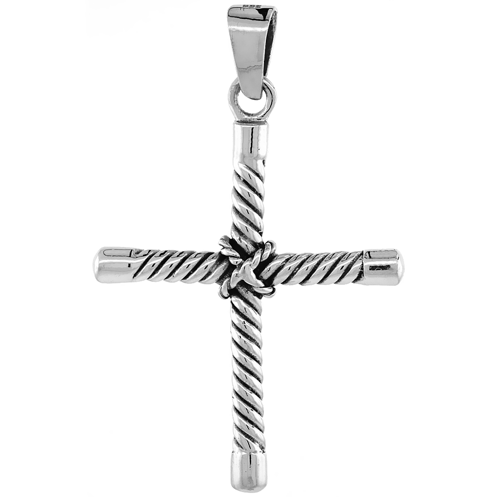 STERLING SILVER ROPE CROSS PENDANT HANDMADE, 2 1/16 INCH LONG