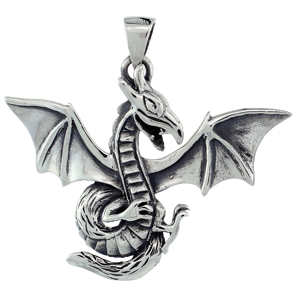 STERLING SILVER DRAGON PENDANT HANDMADE, 2 INCH (50 MM) WIDE