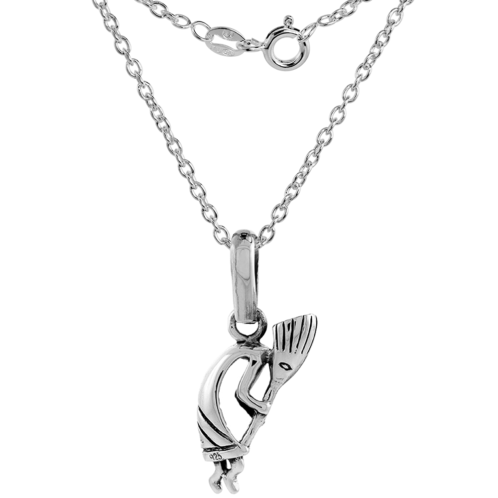 STERLING SILVER SMALL KOKOPELLI NECKLACE HANDMADE 1 1/16 INCH TALL 2MM CABLE LINK CHAIN