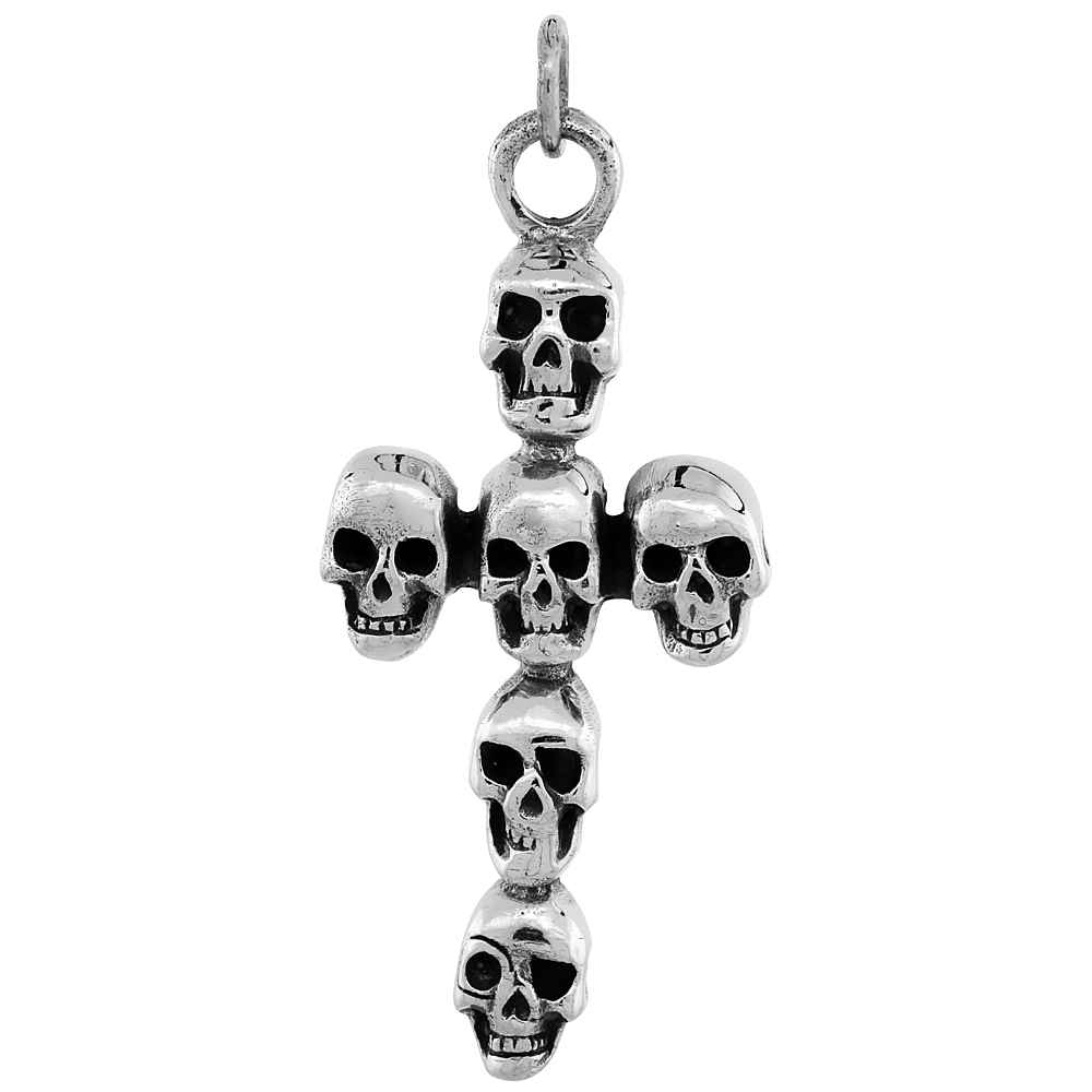 STERLING SILVER SKULL CROSS PENDANT HANDMADE, 1 3/4 INCH LONG