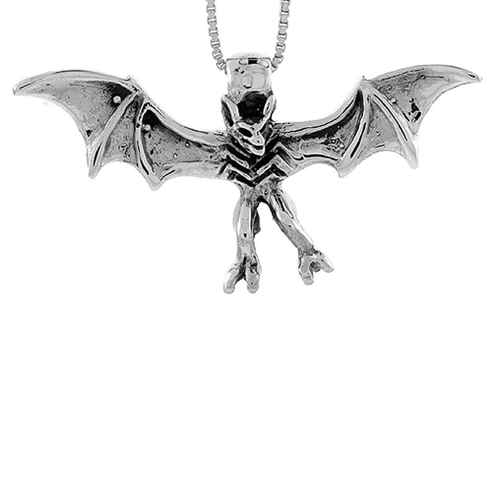 STERLING SILVER BAT PENDANT HANDMADE, 1 3/4 INCH (46 MM) WIDE