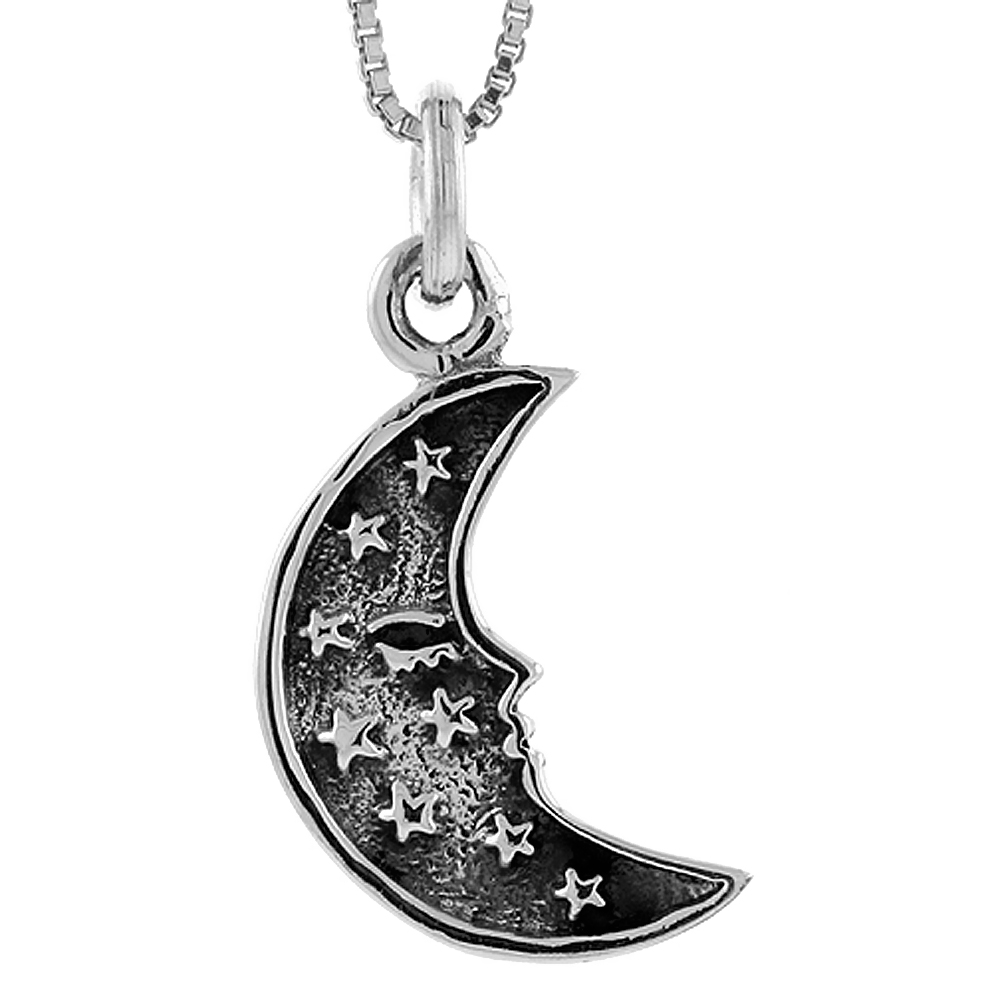 STERLING SILVER CRESCENT MOON W/ TINY STARS PENDANT HANDMADE, 1 INCH LONG