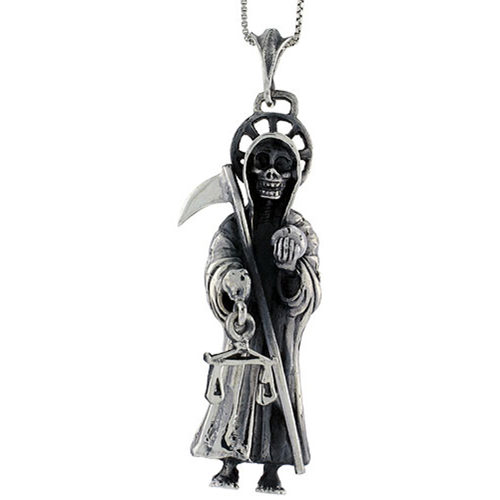 STERLING SILVER SANTA MUERTE PENDANT LARGE, 2 5/8 INCH LONG