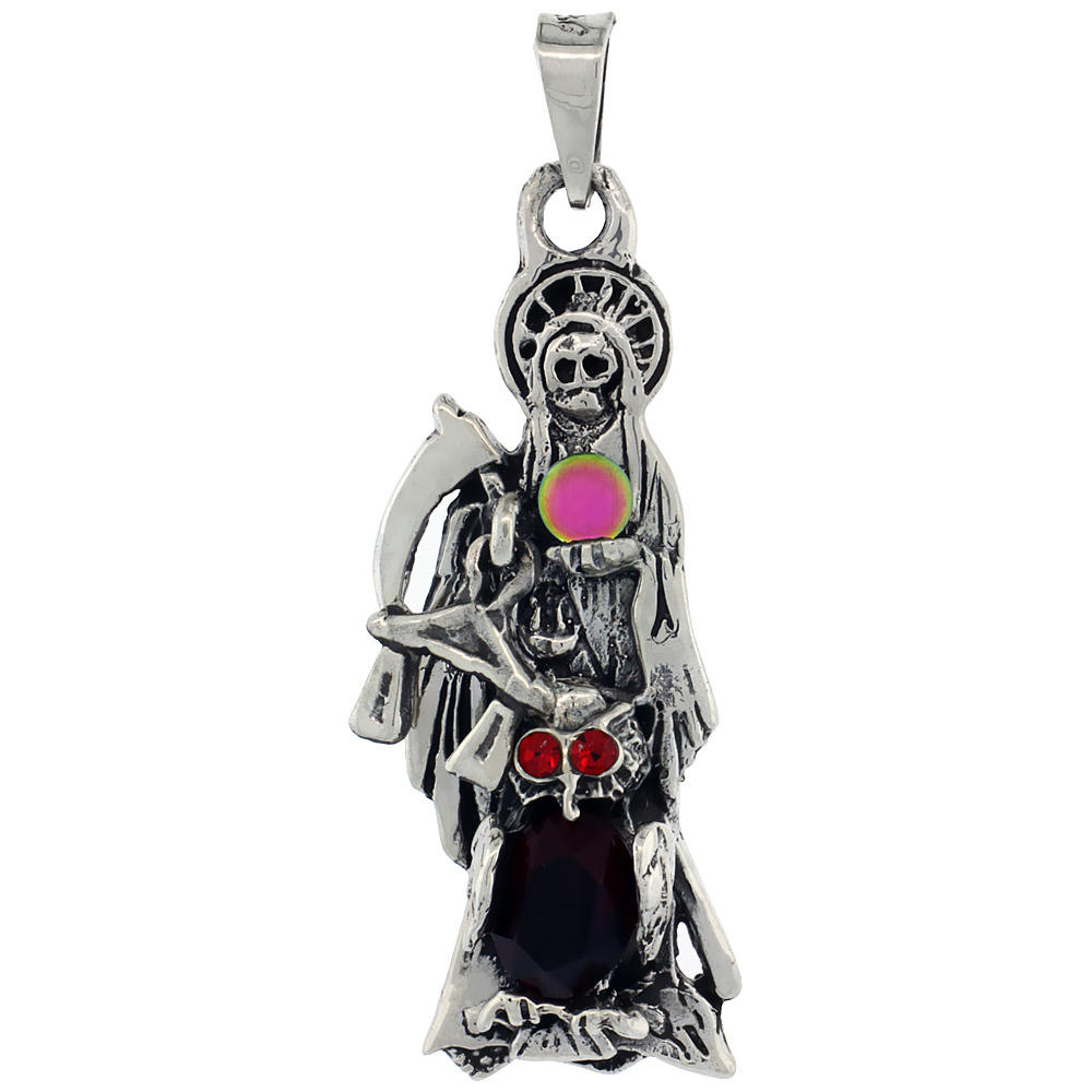 STERLING SILVER SANTA MUERTE PENDANT CRYSTAL BALL, 1 3/4 LONG