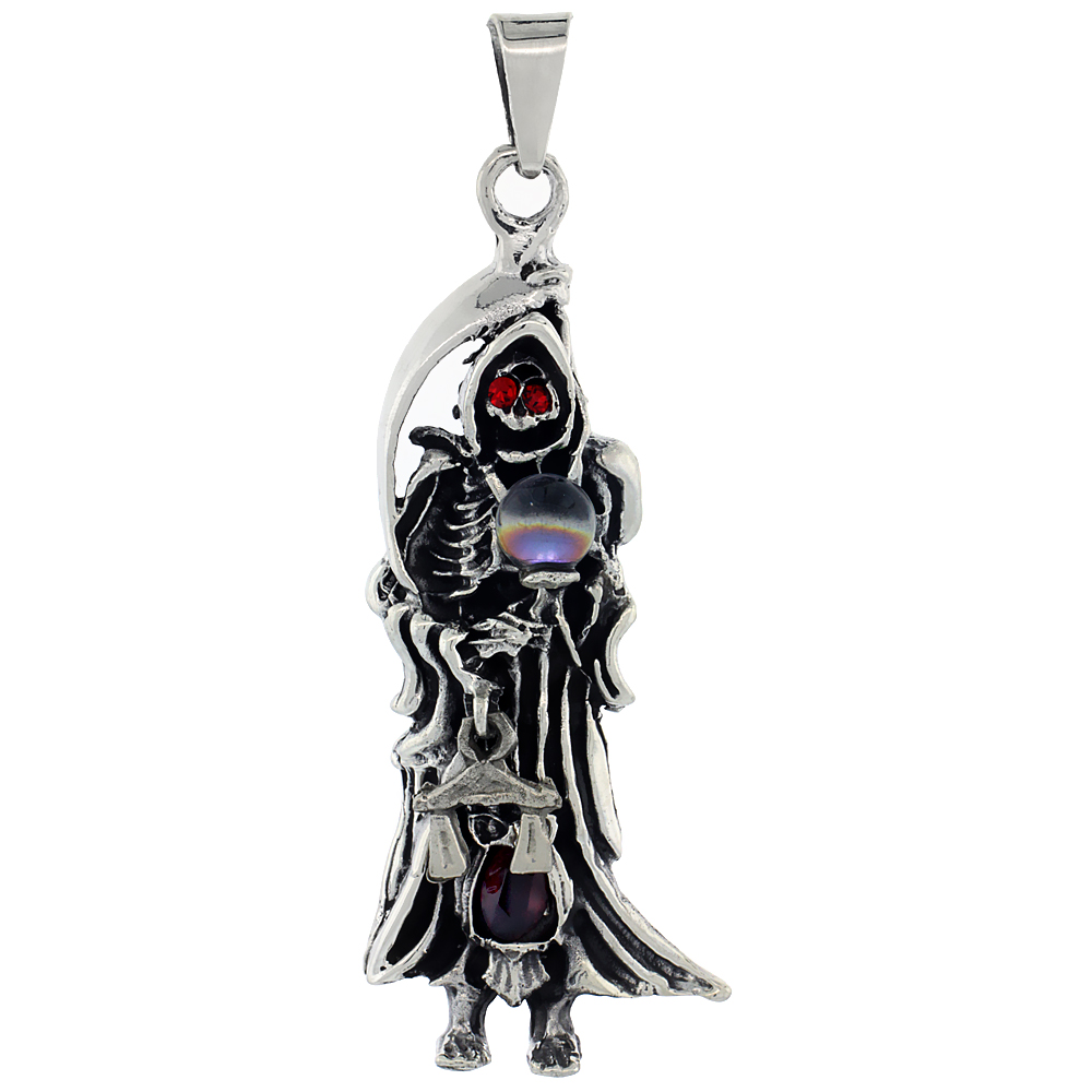 STERLING SILVER SANTA MUERTE PENDANT CUBIC ZIRCONIA RED EYES 2 1/8 INCH TALL