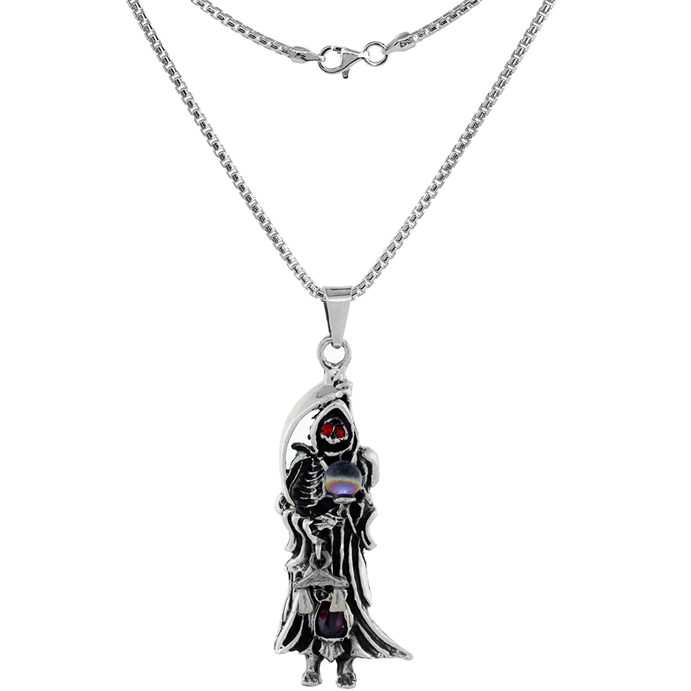 Sterling Silver Santa Muerte Necklace Cubic Zirconia Red Eyes 2 1/8 inch tall 2mm Round Box