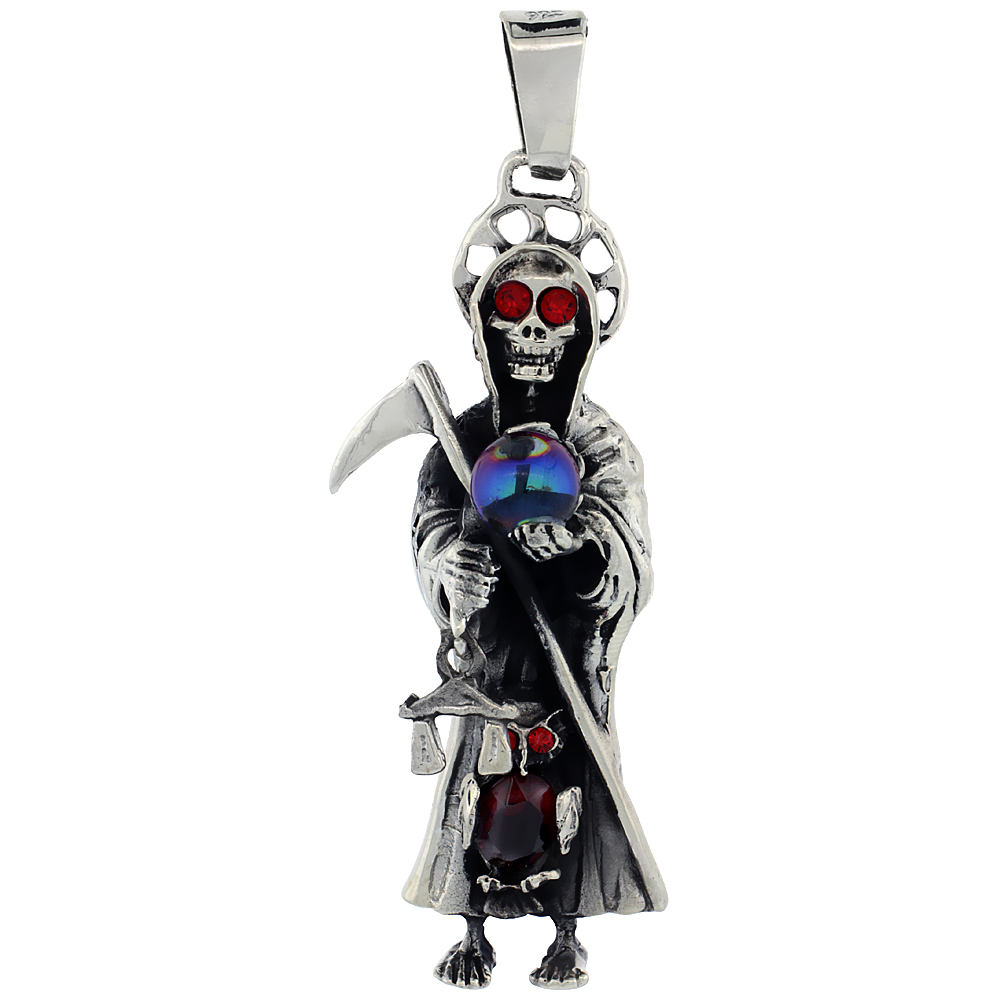STERLING SILVER SANTA MUERTE PENDANT CUBIC ZIRCONIA RED EYES, 2 1/2 INCH LONG