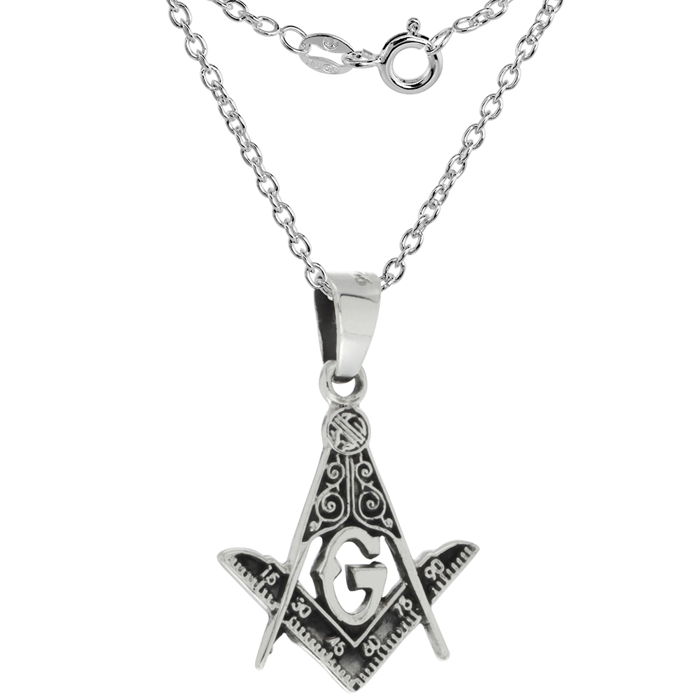 Sterling Silver Masonic Symbol Square &amp; Compass Necklace Handmade 1 1/8 inch (28mm) tall 2mm Cable Link Chain