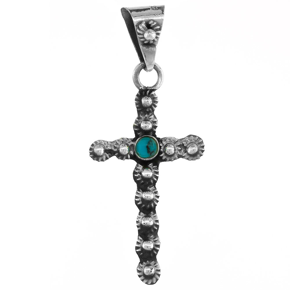STERLING SILVER FLORAL CROSS PENDANT W/ TURQUOISE BEAD HANDMADE 1 1/2 INCH TALL, NO CHAIN INCLUDED
