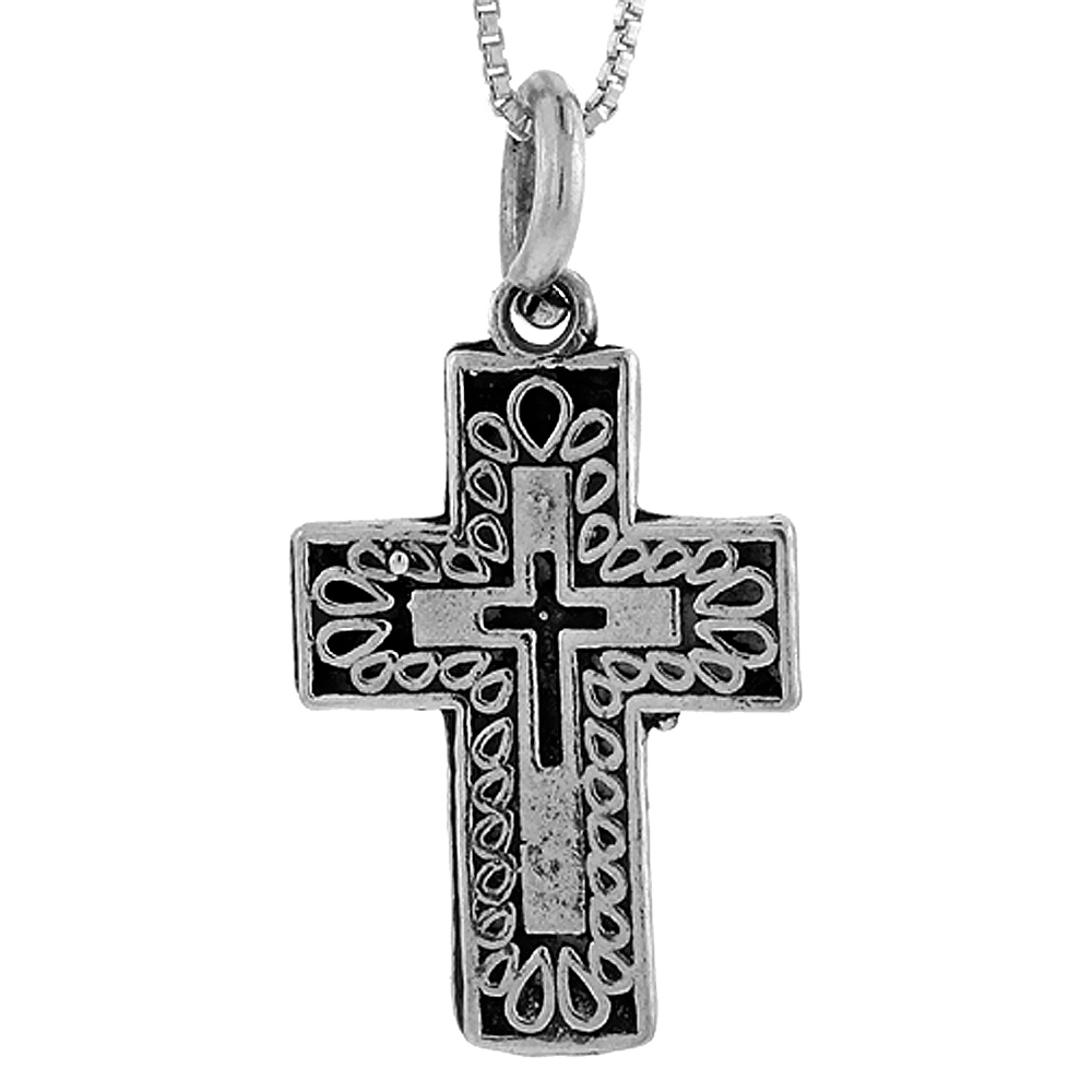 STERLING SILVER LATIN CROSS PENDANT WITH TEARDROP MOTIF 1 1/4 INCH TALL, NO CHAIN INCLUDED