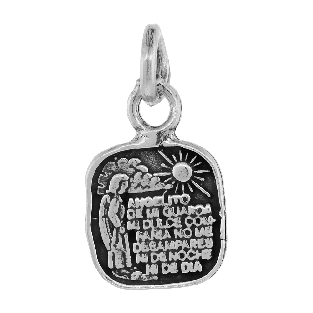 STERLING SILVER SPANISH ANGELITO DE MI GUARDA PRAYER PENDANT SQUARE 7/8 INCH TALL, NO CHAIN INCLUDED