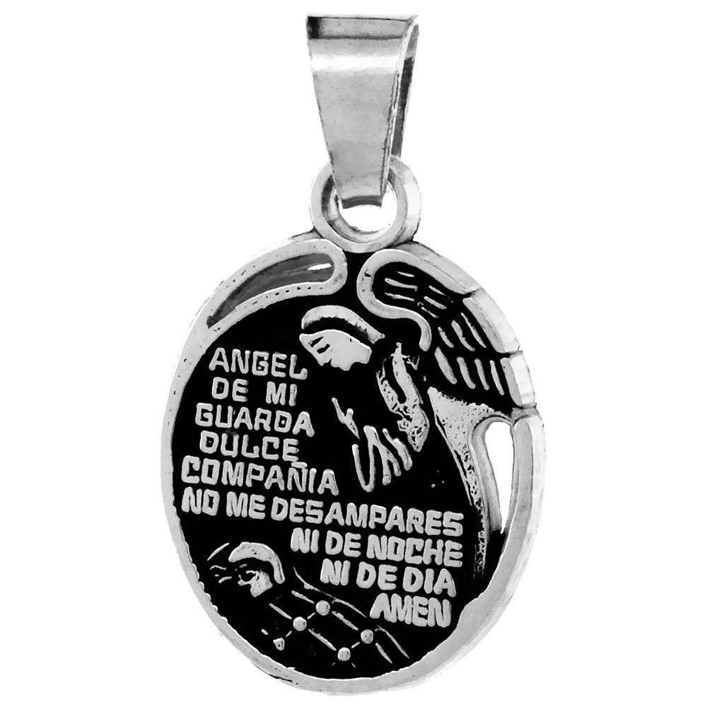 STERLING SILVER PRAYER TO THE GUARDIAN ANGEL PENDANT HANDMADE, 7/8 INCH LONG