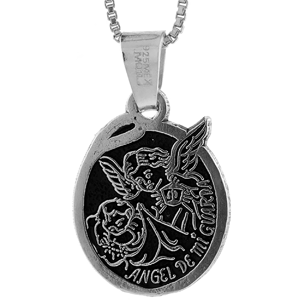 STERLING SILVER SPANISH ANGEL MI GUARDA (MY GUARDIAN ANGEL) PENDANT OVAL 3/4 INCH TALL, NO CHAIN INCLUDED