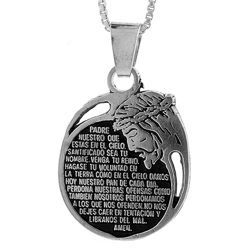 STERLING SILVER PADRE NUESTRO SPANISH LORD'S PRAYER PENDANT 1 INCH TALL, NO CHAIN INCLUDED