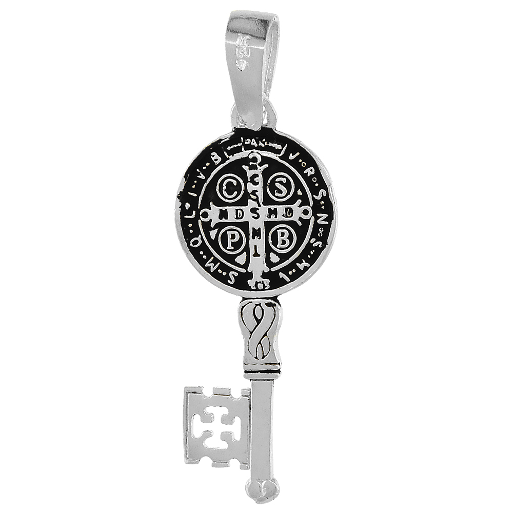 Sterling Silver Saint Benedict Medal Key Medal Handmade 1 1/16 inch (27mm) tall 2mm Cable Chain