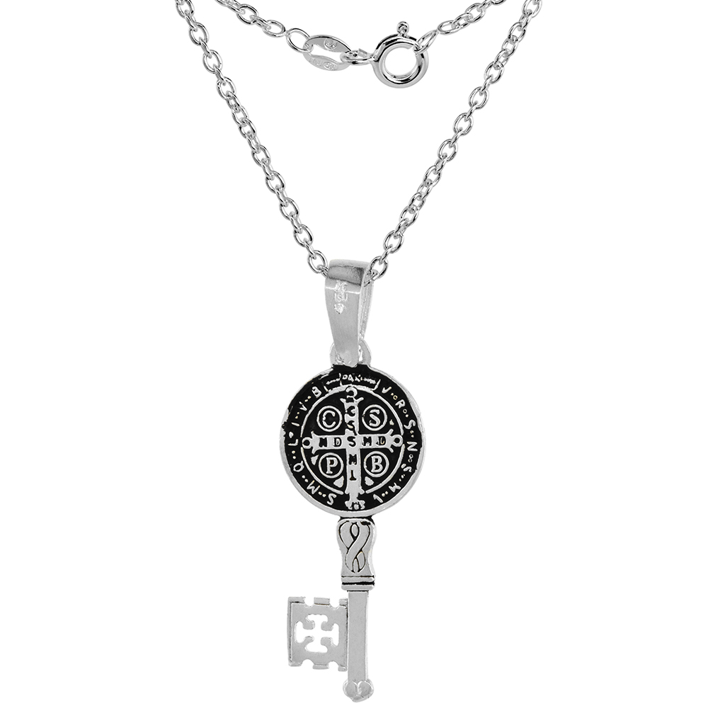 Sterling Silver Saint Benedict Medal Key Medal Handmade 1 1/16 inch (27mm) tall 2mm Cable Chain