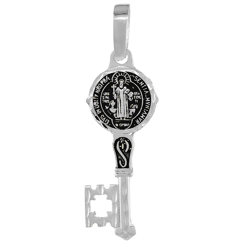 Sterling Silver Saint Benedict Medal Key Medal Handmade 1 5/8 inch (41mm) Wide 2mm Cable Chain