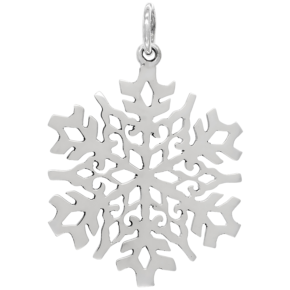 Sterling Silver Snowflake Necklace Large Size Handmade 1 7/8 inch 18-30 inch 2mm Rolo_chain
