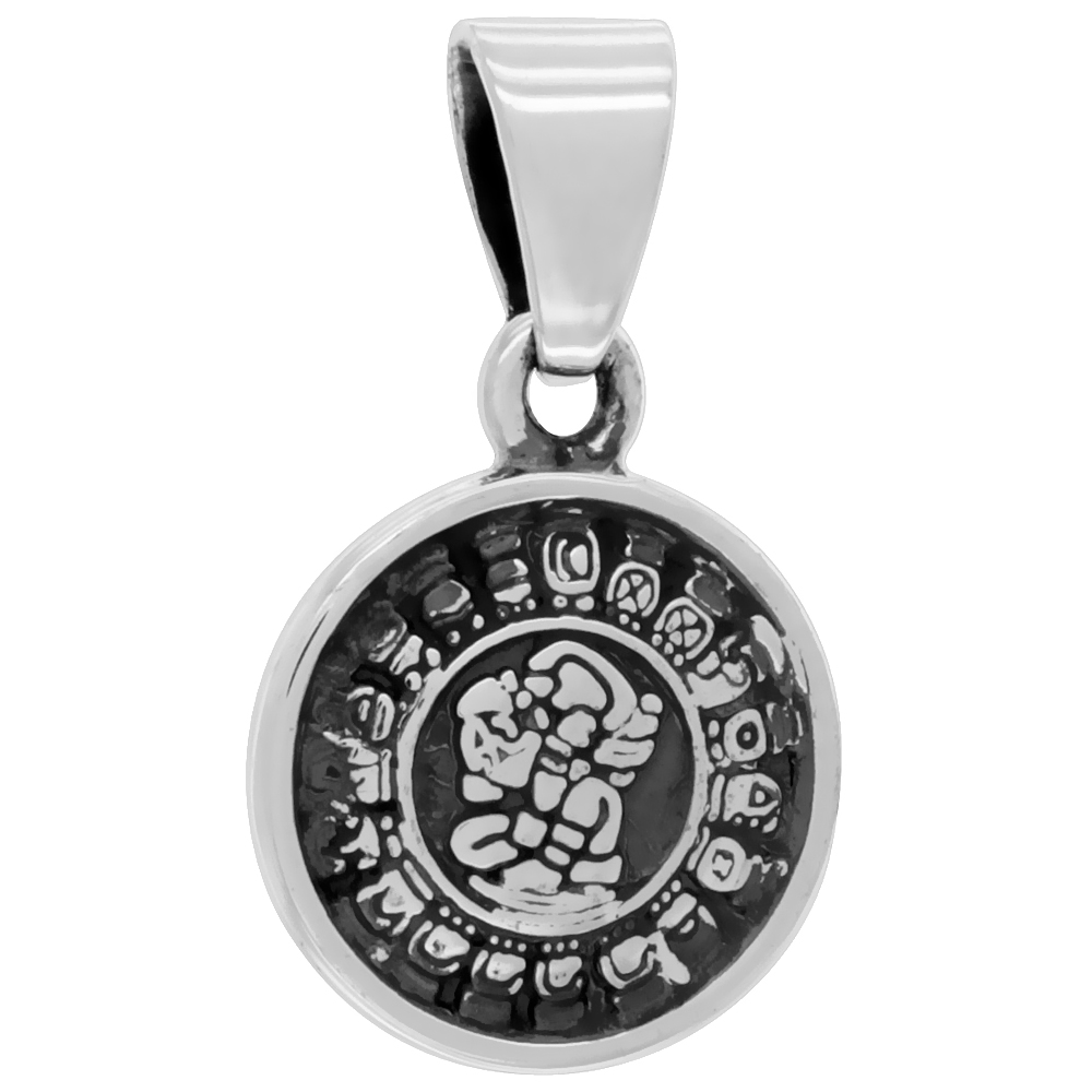 STERLING SILVER MAYA HAAB CALENDAR NECKLACE CONVEX HANDMADE 5/8 INCH ROUND 18-30 INCH CHAIN