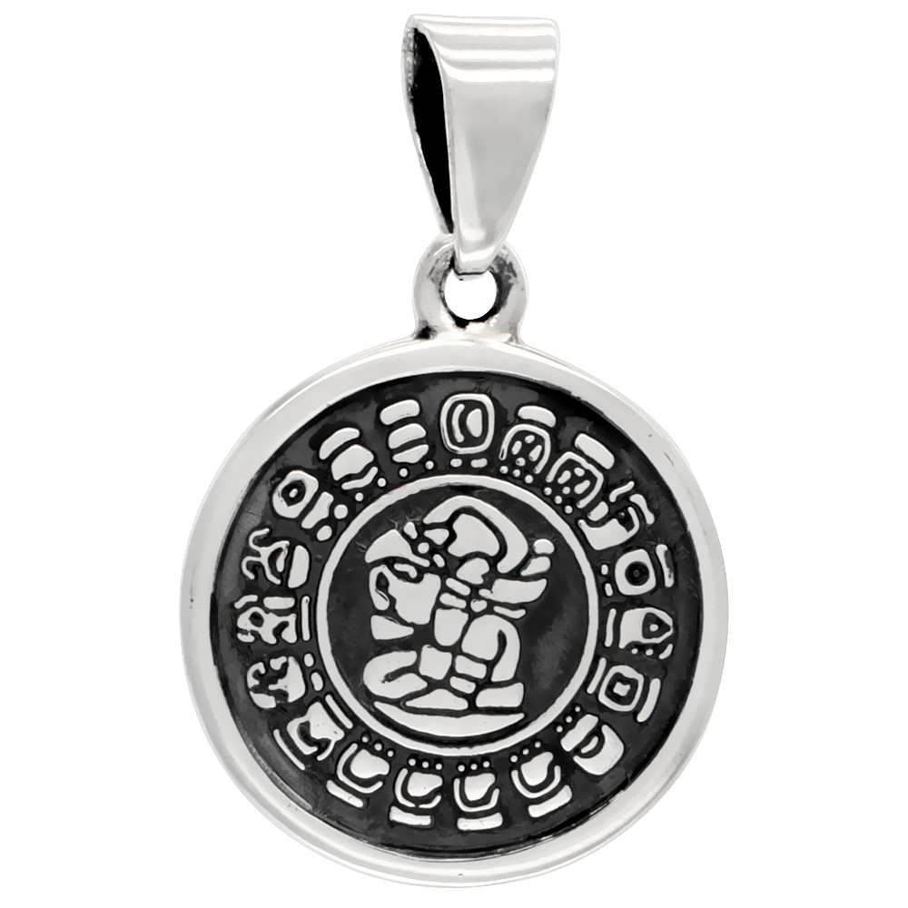 STERLING SILVER MAYA HAAB CALENDAR NECKLACE CONVEX HANDMADE 7/8 INCH ROUND 18-30 INCH CHAIN