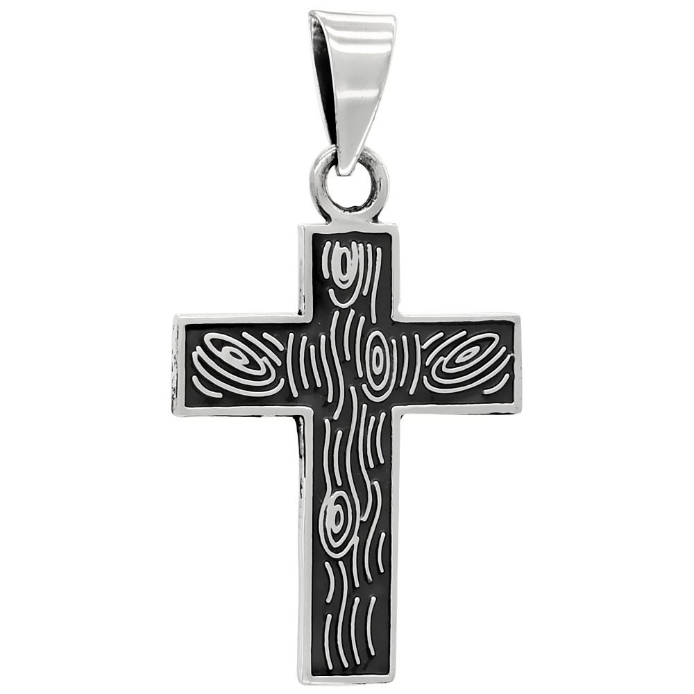 STERLING SILVER CROSS PENDANT WOOD GRAIN FINISH HANDMADE 1 5/8 INCH , NO CHAIN INCLUDED