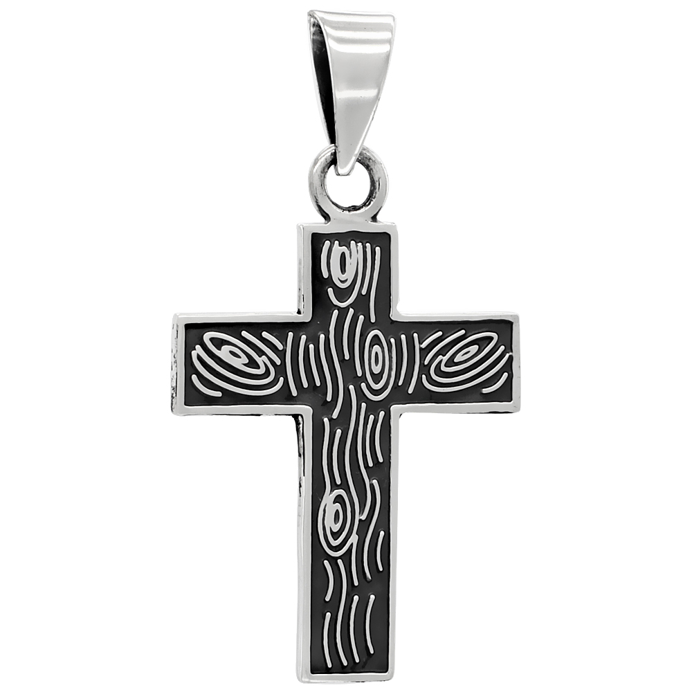 Sterling Silver Cross Pendant Wood Grain finish Handmade 1 5/8 inch , NO Chain Included