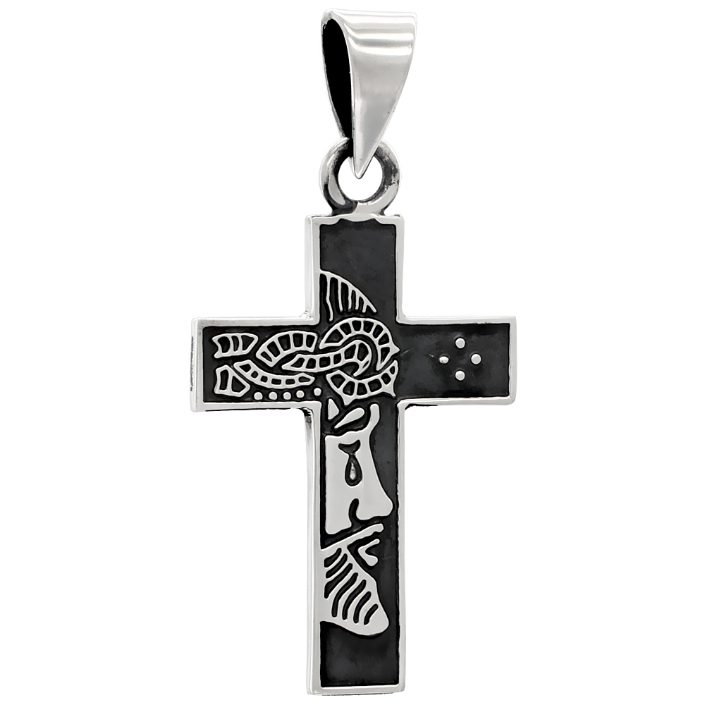 Sterling Silver Cross Pendant Tearful Christ w/ Crown of Thorns Handmade 1 5/8 inch , NO Chain Included