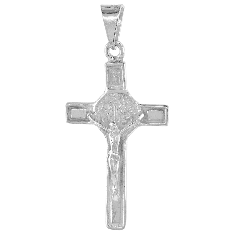 1 inch Sterling Silver St Benedict Crucifix Pendant for Women abnd Men Solid High Polished NO Chain Included